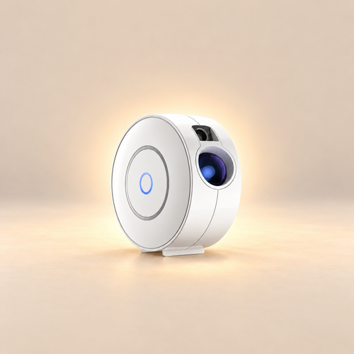 LunaSphere Aurora Projector in white on a warm beige studio background