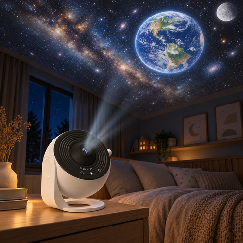 LunaSphere projecting the Earth and stars onto a child's bedroom ceiling at night