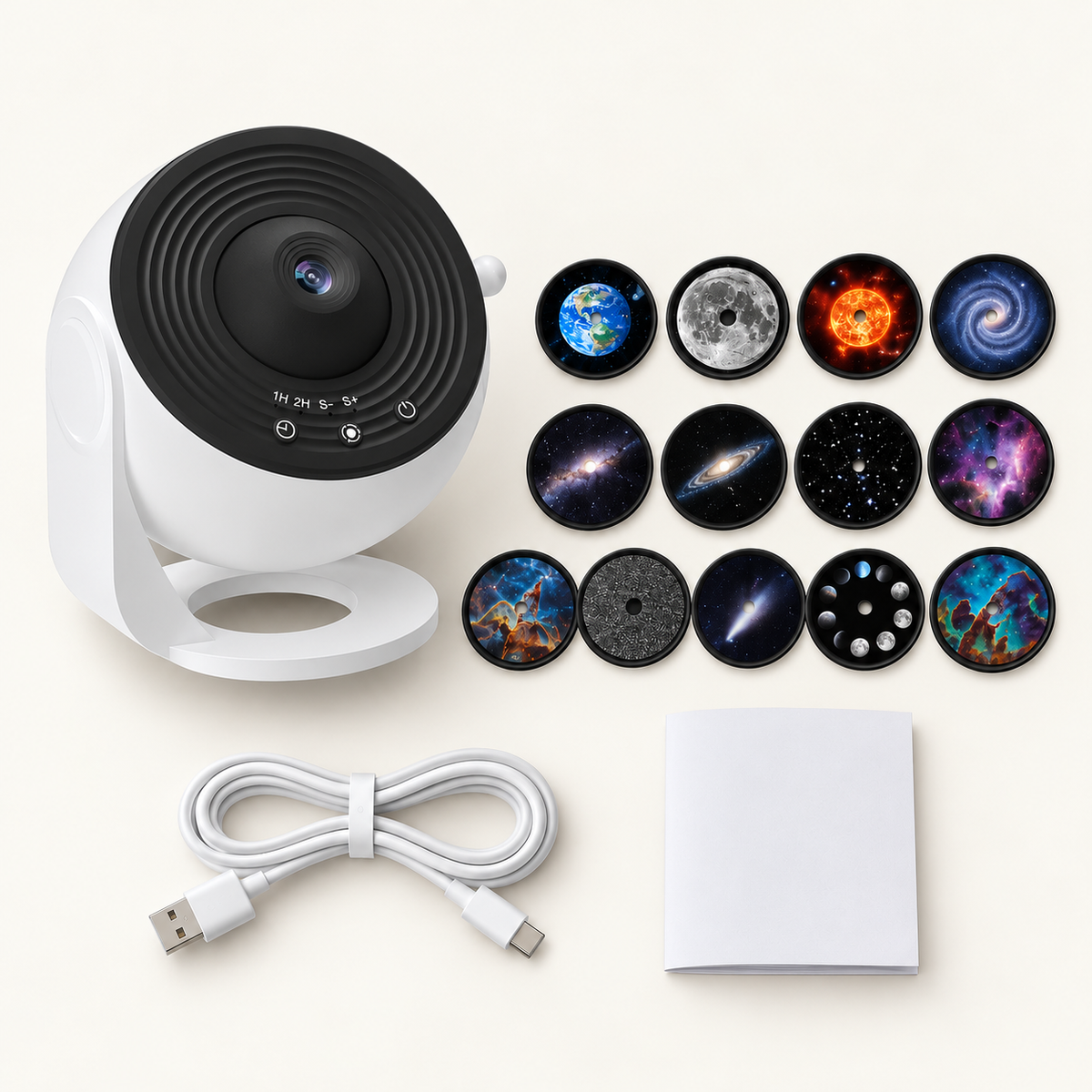 What's in the box: LunaSphere projector, 13 discs, USB cable and user guide