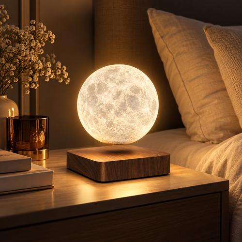 LunaSphere levitating moon lamp glowing on a bedside table at night