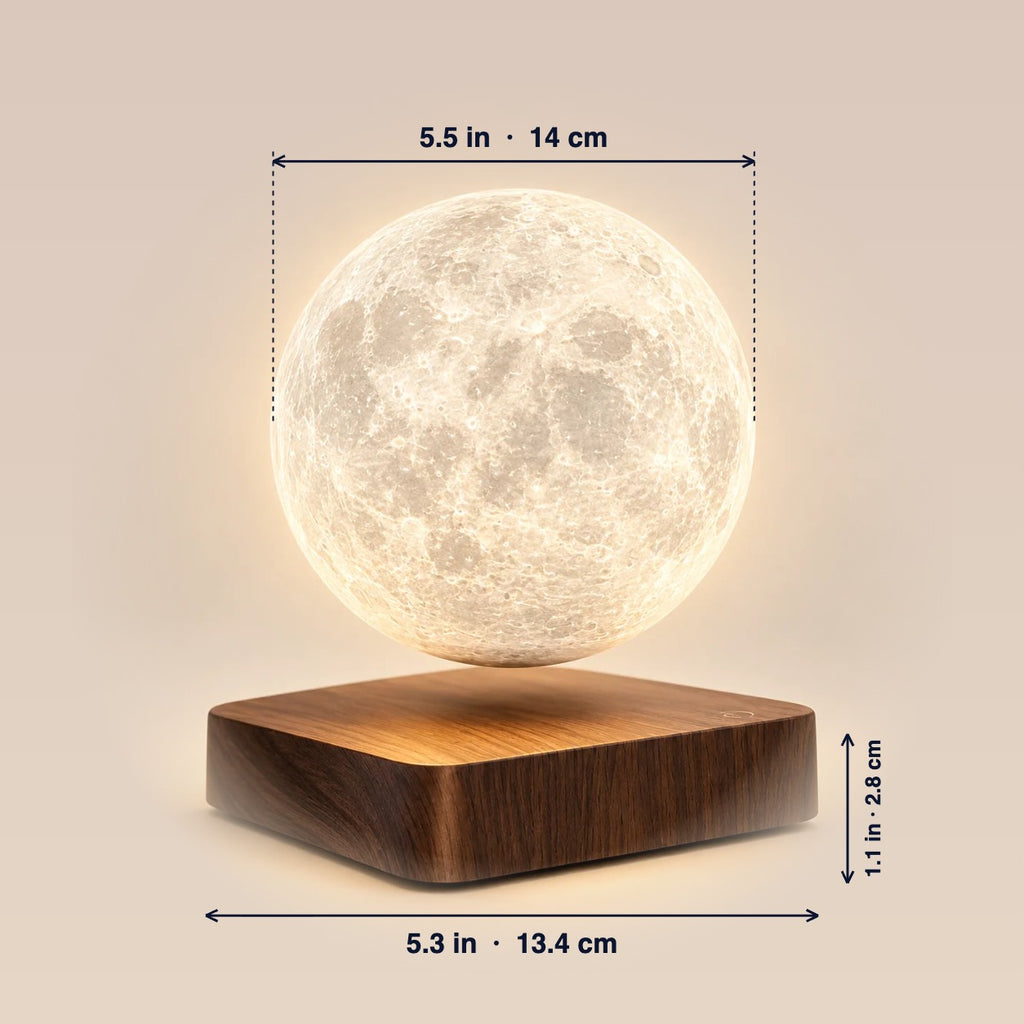 LunaSphere levitating moon lamp dimensions: moon 5.5 in, base 5.3 by 5.3 by 1.1 in