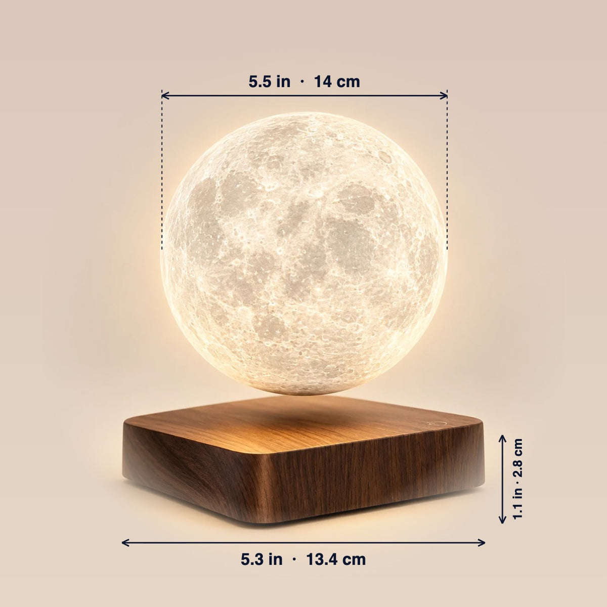 LunaSphere levitating moon lamp dimensions: moon 5.5 in, base 5.3 by 5.3 by 1.1 in