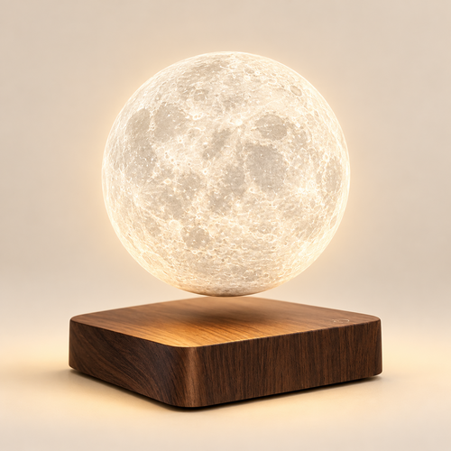 LunaSphere levitating moon lamp floating above a walnut-finish base, studio photo