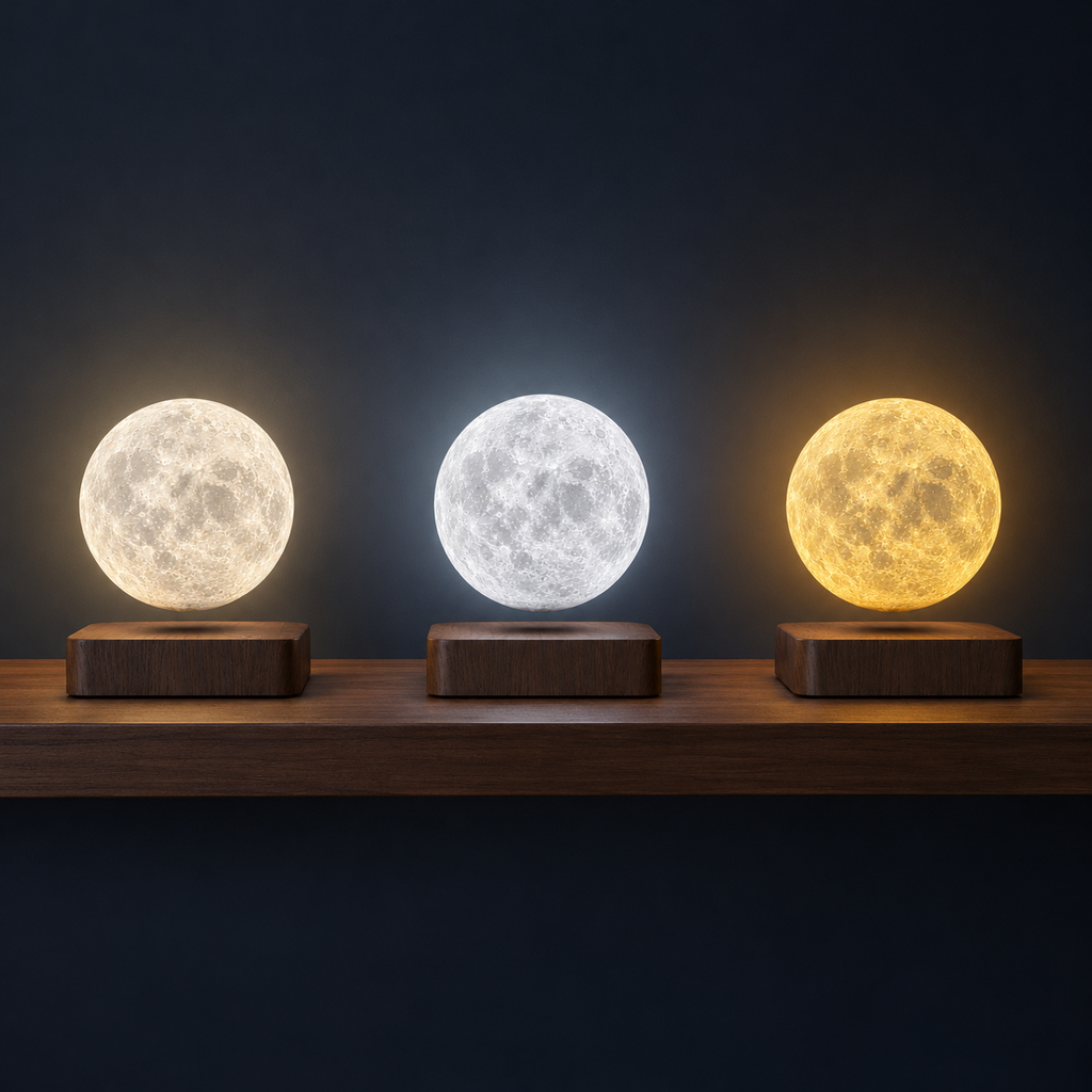Three LunaSphere levitating moon lamps showing the warm white, white and soft yellow light tones