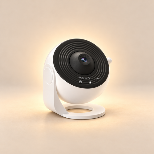 LunaSphere planetarium projector in white on a warm beige studio background